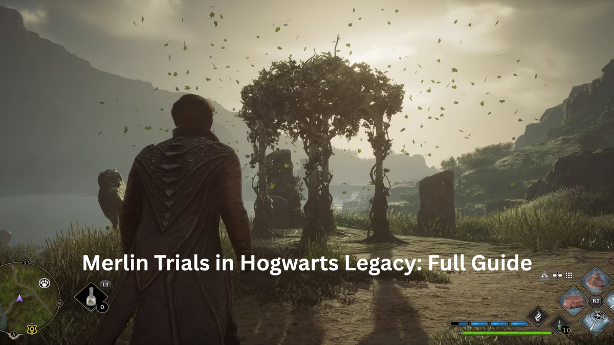 Wizard activating a Merlin Trial stone puzzle in Hogwarts Legacy Highlands